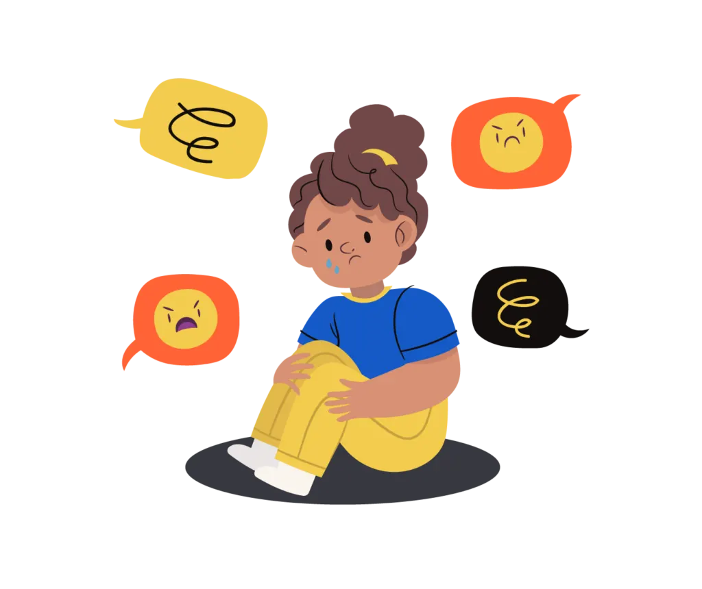 Illustration: Ein Kind sitzt zusammengekauert, umgeben von Sprechblasen mit Gefühlen