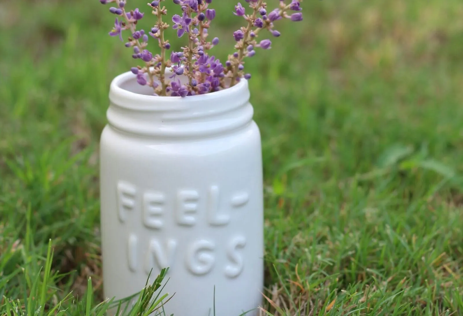 Ein weißes Glas mit der Aufschrift „Feelings“ und Lavendel steht im Gras